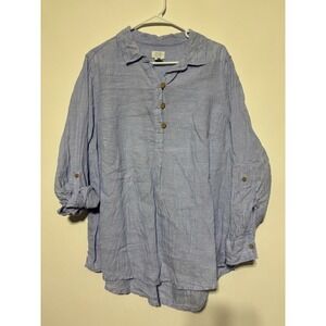 Sigrid Olsen Womens 1X Blue Long Adjustable Sleeve Linen Tunic Top